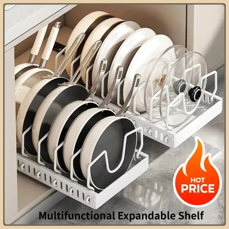Hot-selling multifunctional kitchen pull-out cookware/frying pan sliding lid rack, spice rack, and bowl and plate drawer storage