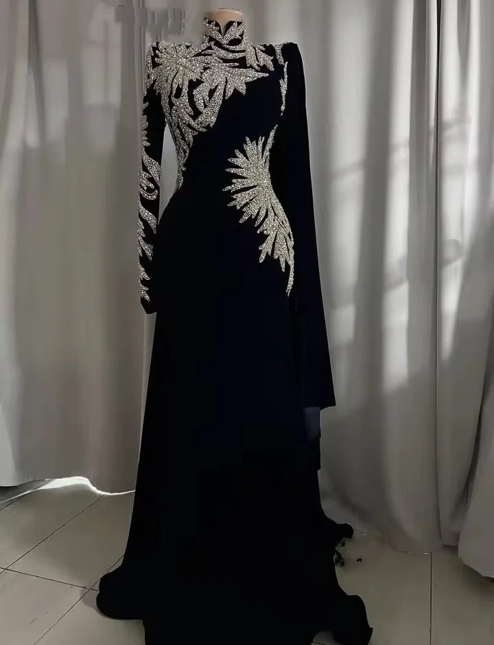 Elegant Black Velour Evening Dresses High Neck Long Sleeves Arabic Women Formal Long Party Gowns Met Gala Customized