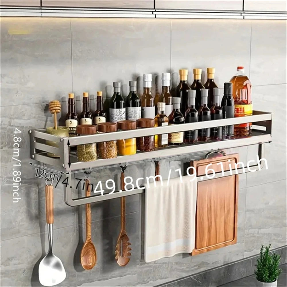 Aluminum Wall-Mounted Spice Rack Multifunctional Item Storage Shelf Kitchen Tools Storage Hooks Space Management Solution