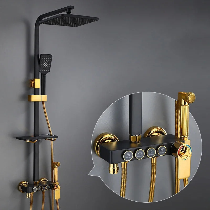 Thermostatic Bathroom Shower Set White Gold Bathroom Faucet Accessories 12 Inch Rain Shower Head Hot Cold Bathroom Shower System