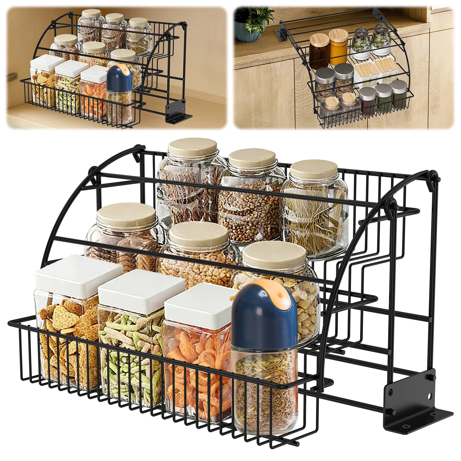 3-Tier Kitchen Storage Rack Metal Pull Down Spice Rack Large Capacity Inside Cabinet Riser Shelf Home Seasoning Bottle Organizer