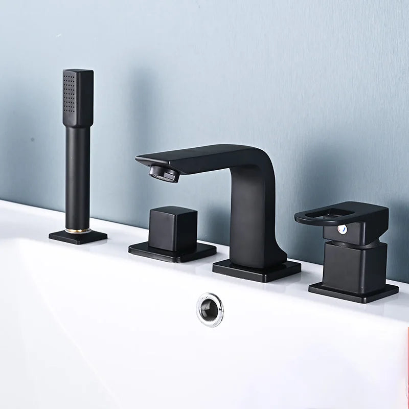 Bathroom Basin Faucet Widespread Bathtub Faucet Sink Mixer Tap 4-Holes Tub Filler with Pull Out Shower Sprayer Deck/Wall Mount