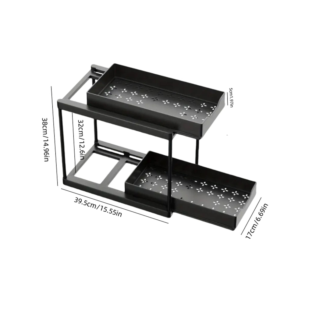 Double-Layer Pull-Out Kitchen Storage Rack, Non-Slip and Stable, Multifunctional Storage Box with Five Hooks, Under-Sink Brush Double-Layer Drawer Storage Rack, Suitable for Kitchen and Bathroom Countertop Sink Storage