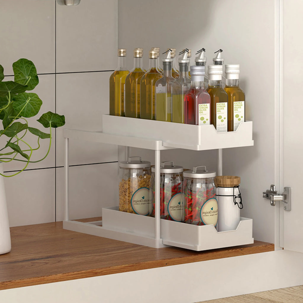 Double-Layer Pull-Out Kitchen Storage Rack, Non-Slip and Stable, Multifunctional Storage Box with Five Hooks, Under-Sink Brush Double-Layer Drawer Storage Rack, Suitable for Kitchen and Bathroom Countertop Sink Storage