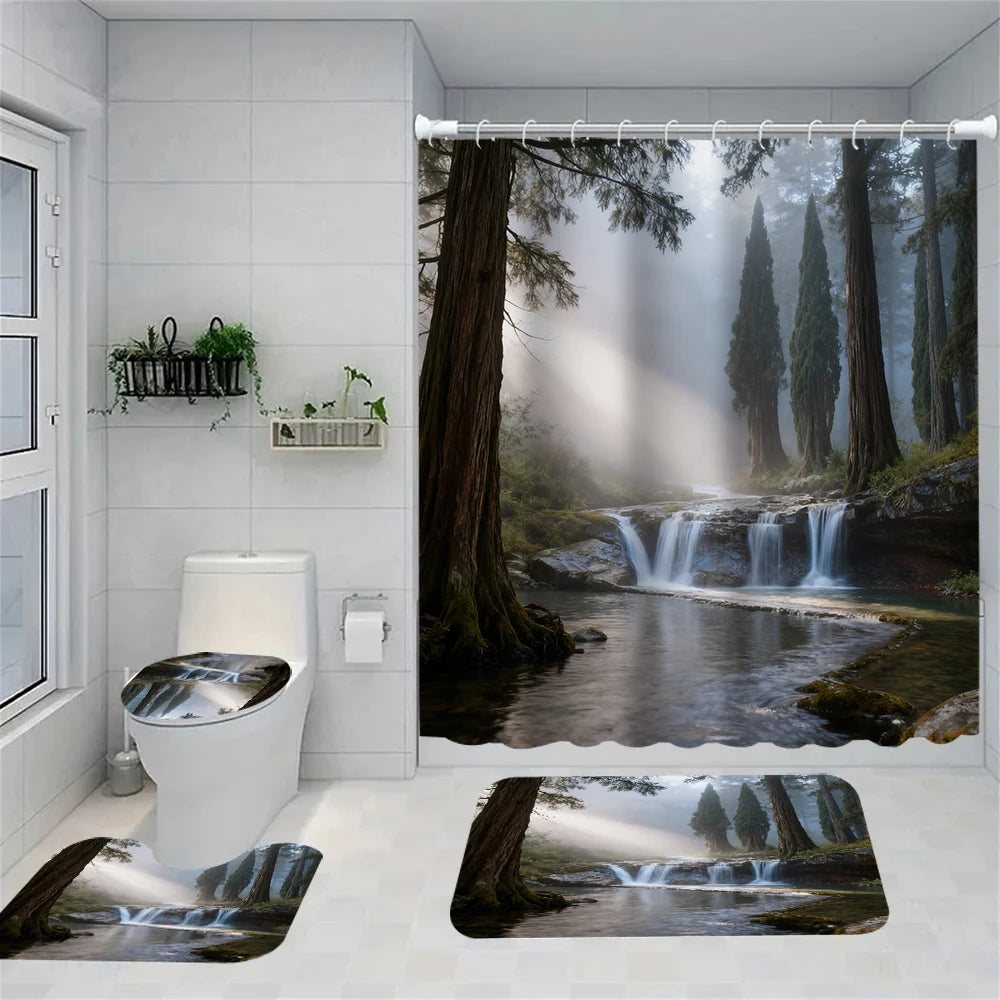 1/4 Forest Waterfalls  print shower Curtains, Toilet Seat Decoration, Shower Curtain with Carpet and Toilet Lid, 70.8x70.8 inch