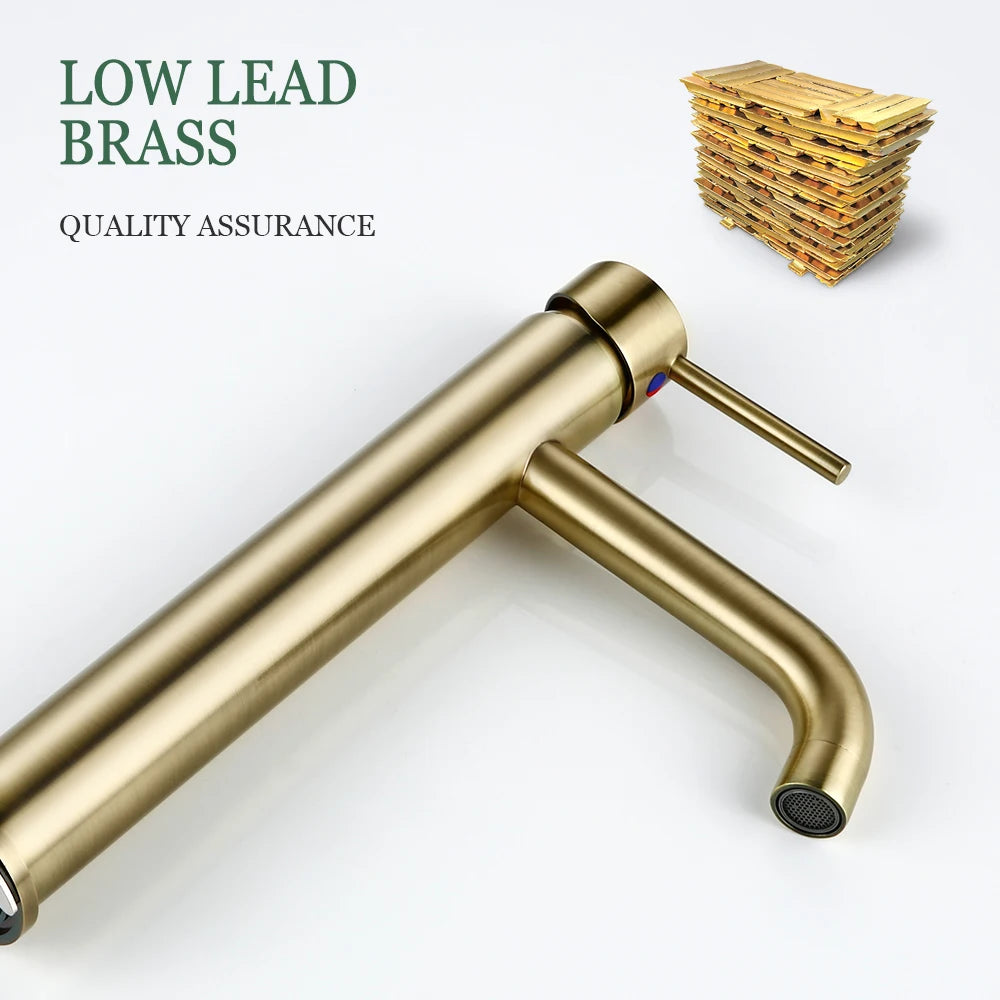 Brushed Gold Basin Faucet Solid Brass Hot And Cold Water Basin Mixer Sink Tap Deck Mounted Bathroom Taps