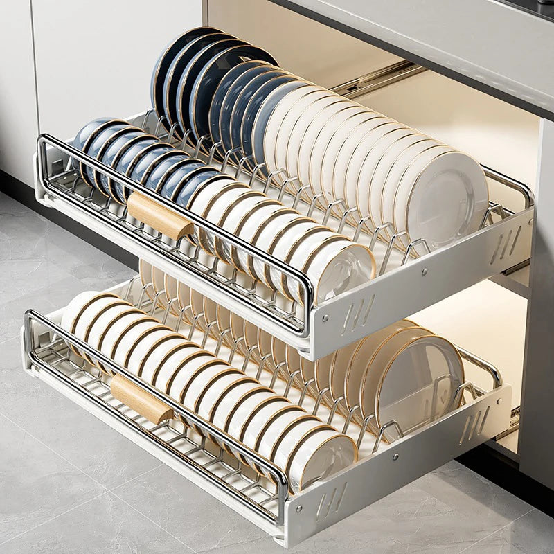 Drawer Wooden Handle Kitchen Dish Storage Rack Divider Dish Pullout Slider Punch-free Drawer Organiser Spice Racks Drainer Shelf