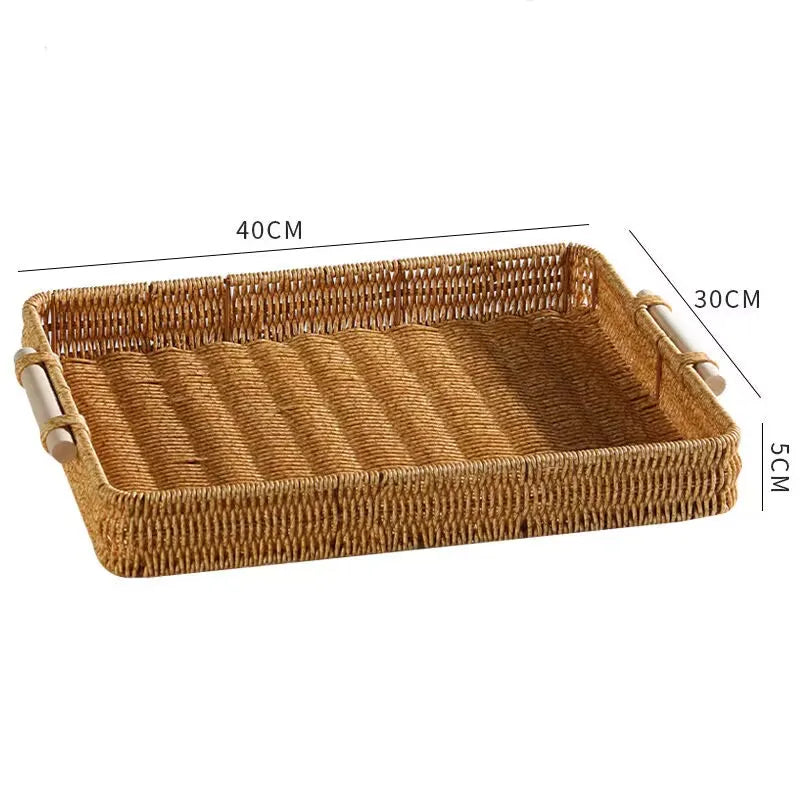 Plastic Storage Tray With Handle Imitation Rattan Weaving Basket Sundries Plate Fruit Platter Tea Tray Dinner Serving Tray