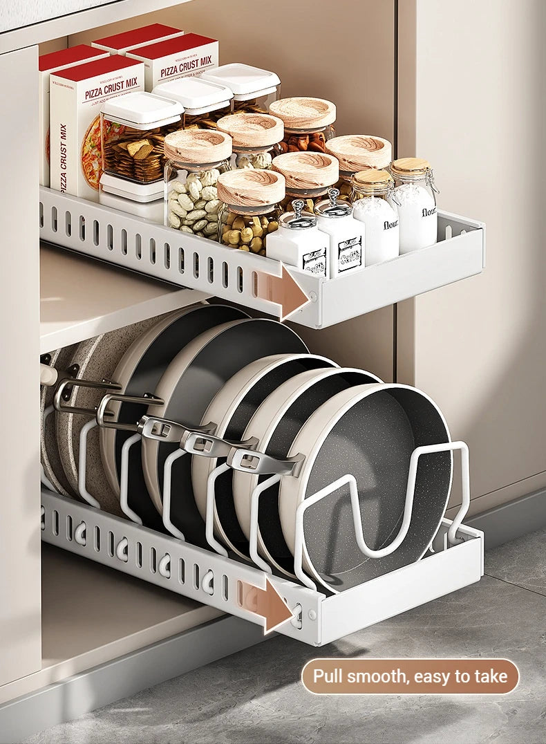 Pots and Pans Organizer Under Cabinet,Sliding Pot Lid Holder and Pan Rack Kitchen,Pull out Pot and Pan Organizer,Dishes Storage