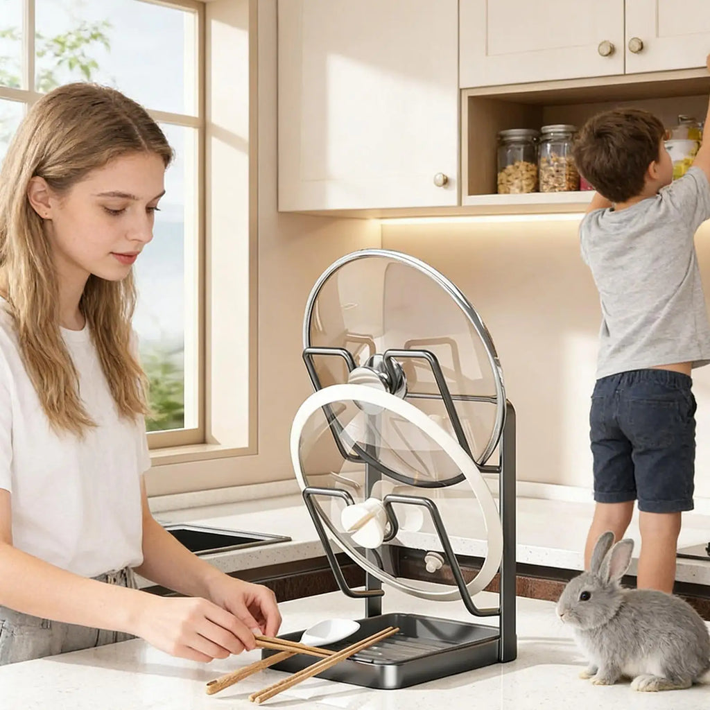2 Tier Pot Lid Organizer Cutting Board Rack Pan Lid Holder for Kitchen Utensils Spatula Ladle Spoon Countertop Storage Solution