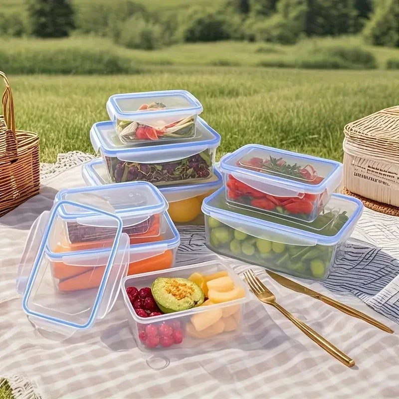 4-piece set of food storage containers, available in multiple sizes suitable for fruits, vegetables, pasta, snacks, and meat
