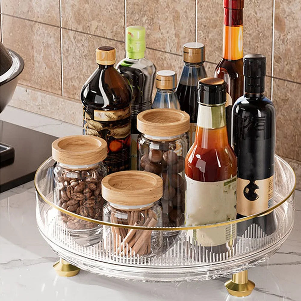 360°Rotating Rotating Spice Rack Clear Plastic Round Storage Tray Non-slip Base Space Saving Kitchen Storage Rack Countertop Use