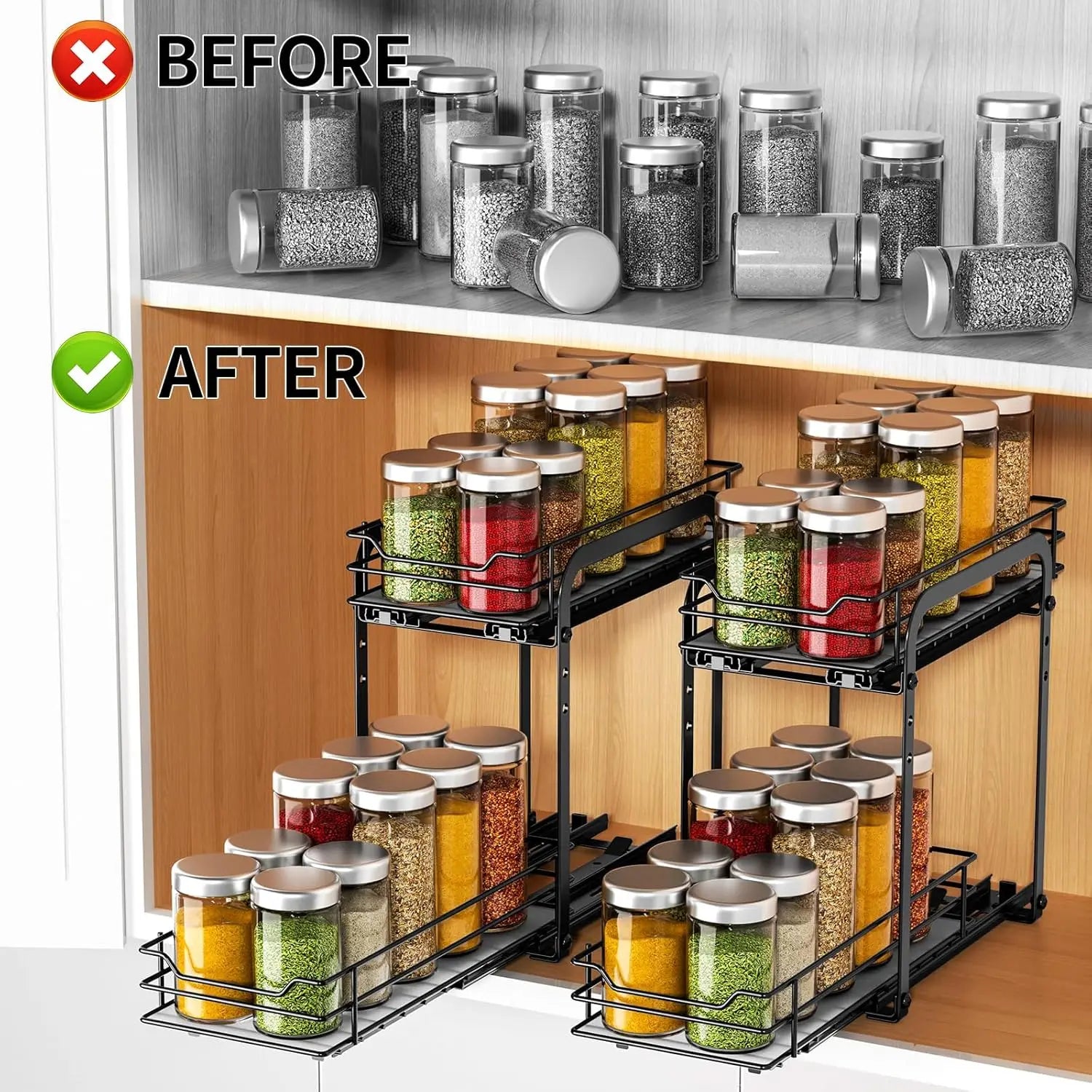 Spice Rack Organizer for Cabinet 2 Tier Pull Out Spice Racks for Inside CabinetHeight Adjustable Heavy Duty Vertical Spice Shelf