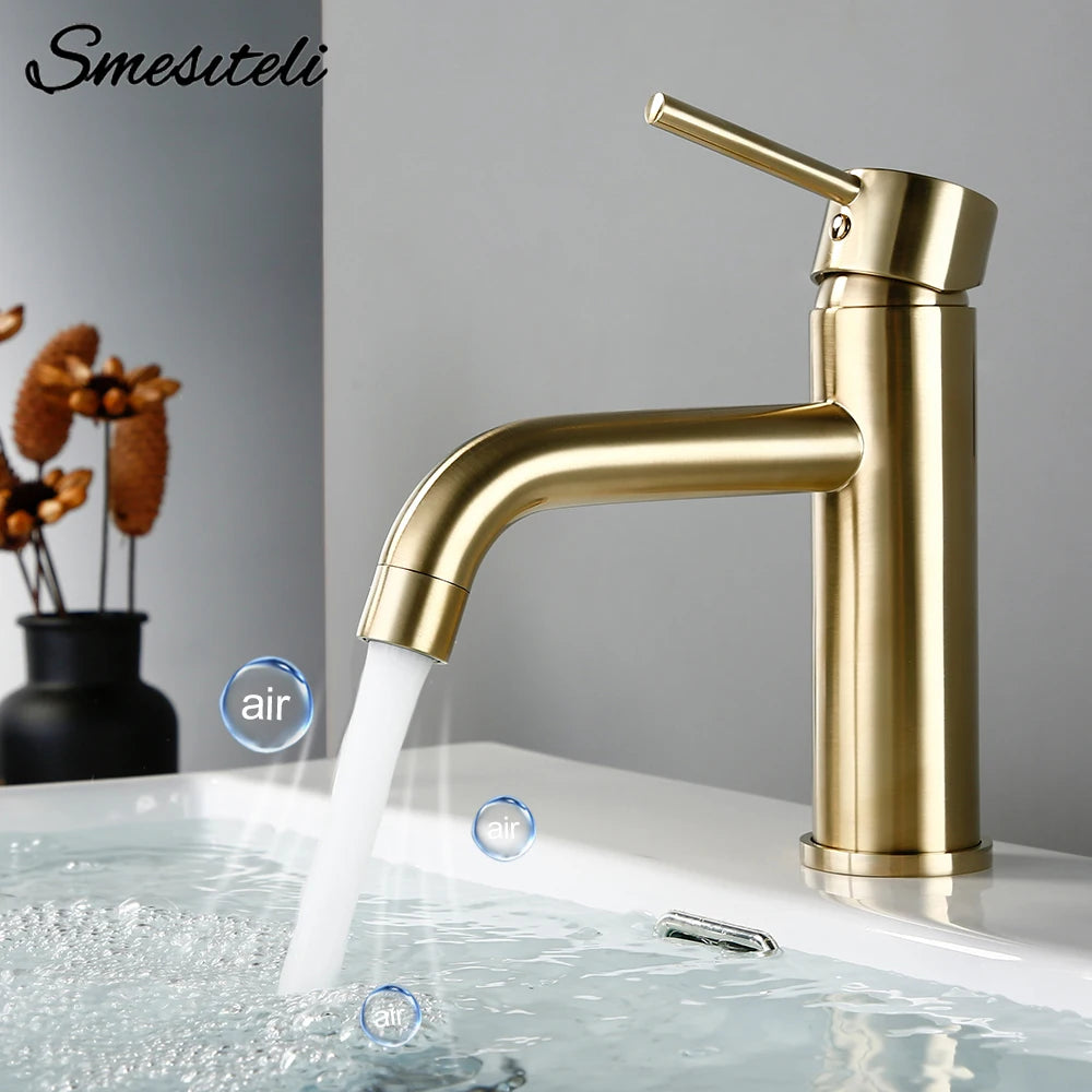 Brushed Gold Basin Faucet Solid Brass Hot And Cold Water Basin Mixer Sink Tap Deck Mounted Bathroom Taps