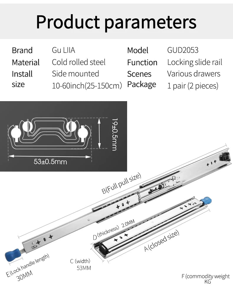 1 Pair Heavy Duty Locking Drawer Slides 10-60 Inch 250 Lb Load Capacity Side Mount Full Extension Ball Bearing Industrial Rail