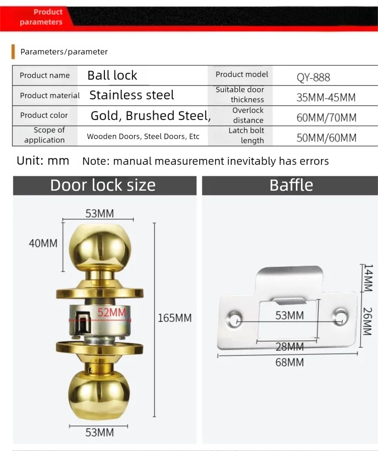 New Stainless Steel Round Ball Door Knobs Handle Passage Entrance Lock Entry for Bedrooms Living Rooms Hardware Accessories