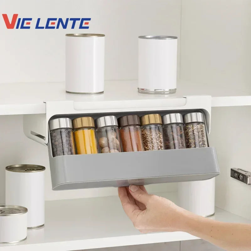 Kitchen Spice Rack Self-adhesive Wall-mounted Under-Shelf Seasoning Bottle Storage Rack Spice Organizer Kitchen Storage Rack