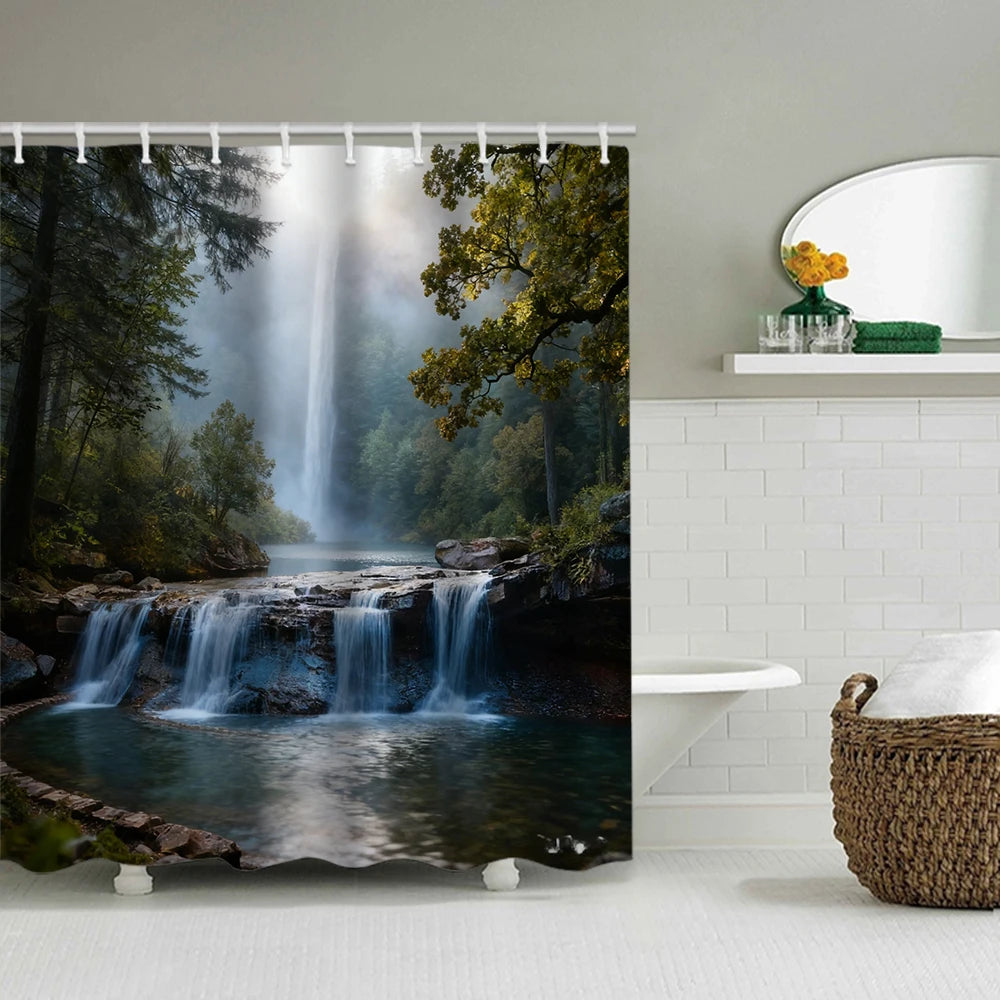 1/4 Forest Waterfalls  print shower Curtains, Toilet Seat Decoration, Shower Curtain with Carpet and Toilet Lid, 70.8x70.8 inch