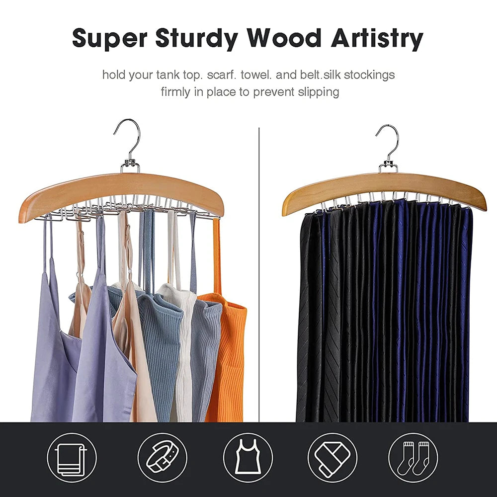 Tie Rack Tie Hanger 24 Hooks Wooden Tie Organizer, Tank Top Hanger, Belt Organizer for Closet,with Upgraded 360°Rotating, Belts