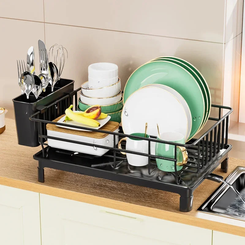Metal Dish Draining Rack,Cutlery Rack With Drain Tray and Drip Line,Cup Holder,Cutlery Holder,Kitchen Countertop Storage Rack