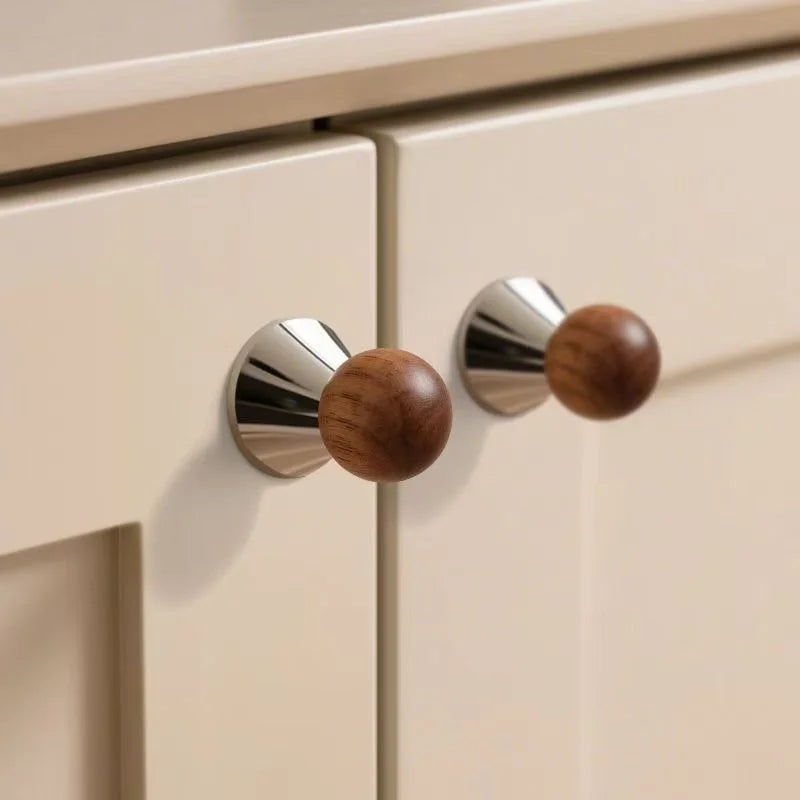 Modern Walnut Wood Brass Cabinet Door Handle Silver Wardrobe Cupboard Furniture Pulls Single Hole Drawer Knobs Cabinet Handles