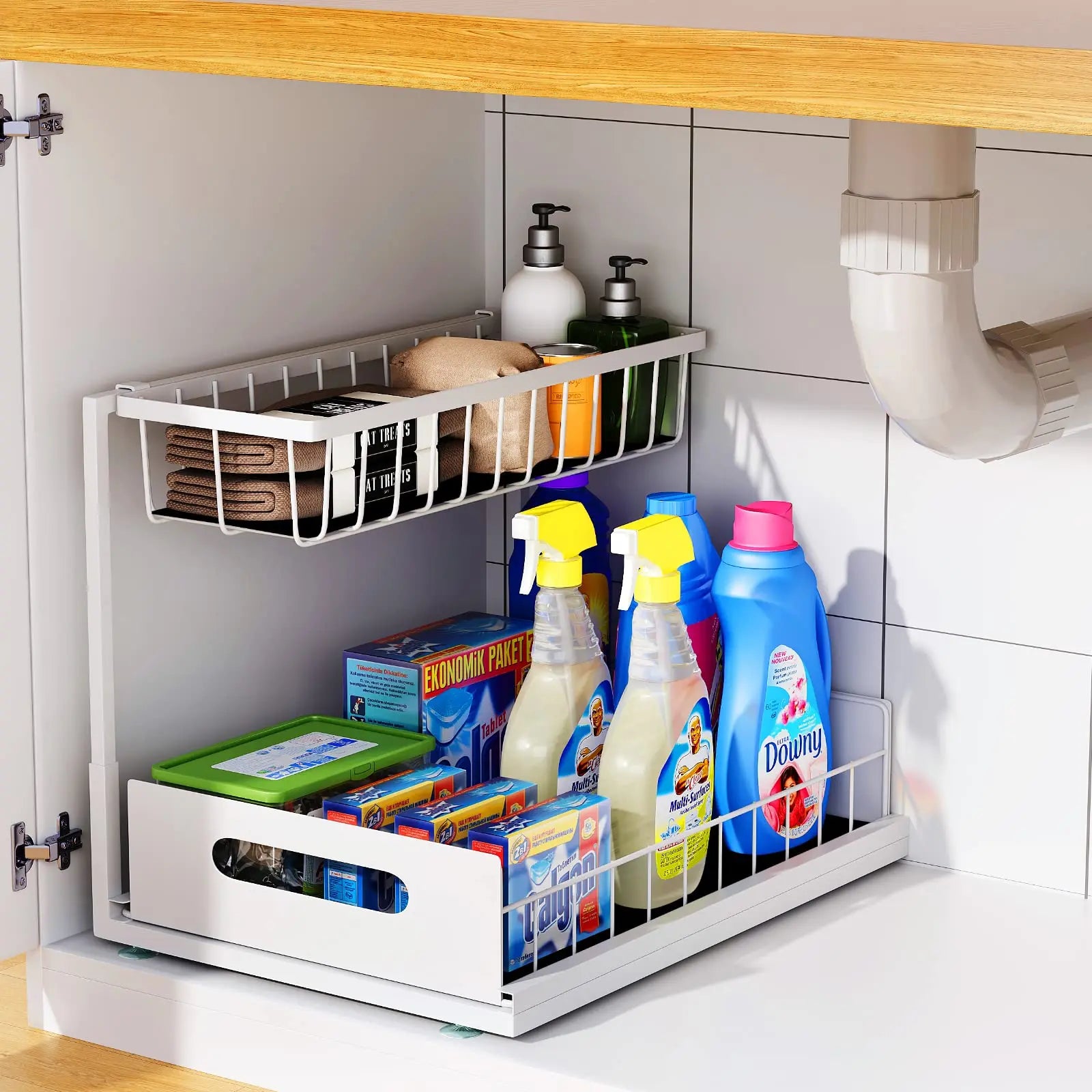 Under Sink 2 Tier Sliding Cabinet Basket Organizer Drawer Pull Out Cabinet Multi-Purpose  Sink Organizer for Bathroom Kitchen
