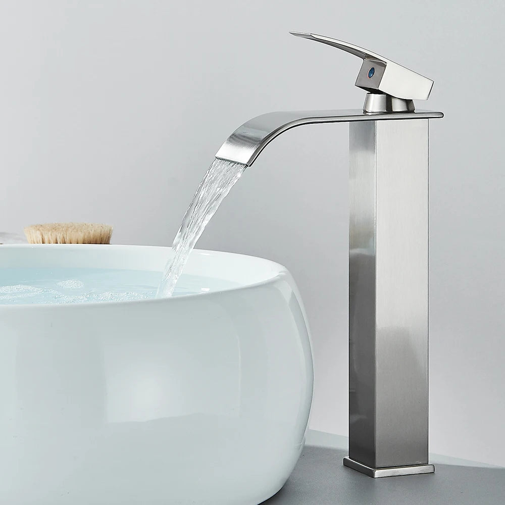 Bathroom Home Waterfall Wash Copper Core Waterfall Stainless Steel Basin Stainless SteelFaucet Black Hot &Cold Toilet Wash Basin