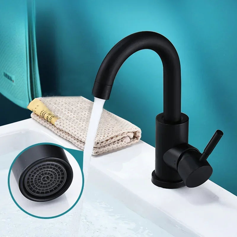 Stainless Steel Hot and Cold Water Mixer Tap, Single Handle Bathroom Faucets, Deck Mounted, Household WashBasin Sink Tap