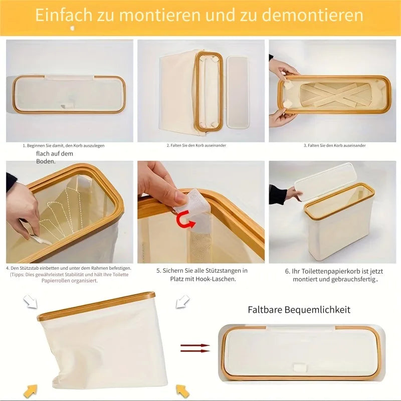 Bamboo Toilet Paper Holder with Storage Basket, Collapsible Storage Basket Bathroom Organizer Paper Towel Storage Bohemian Style