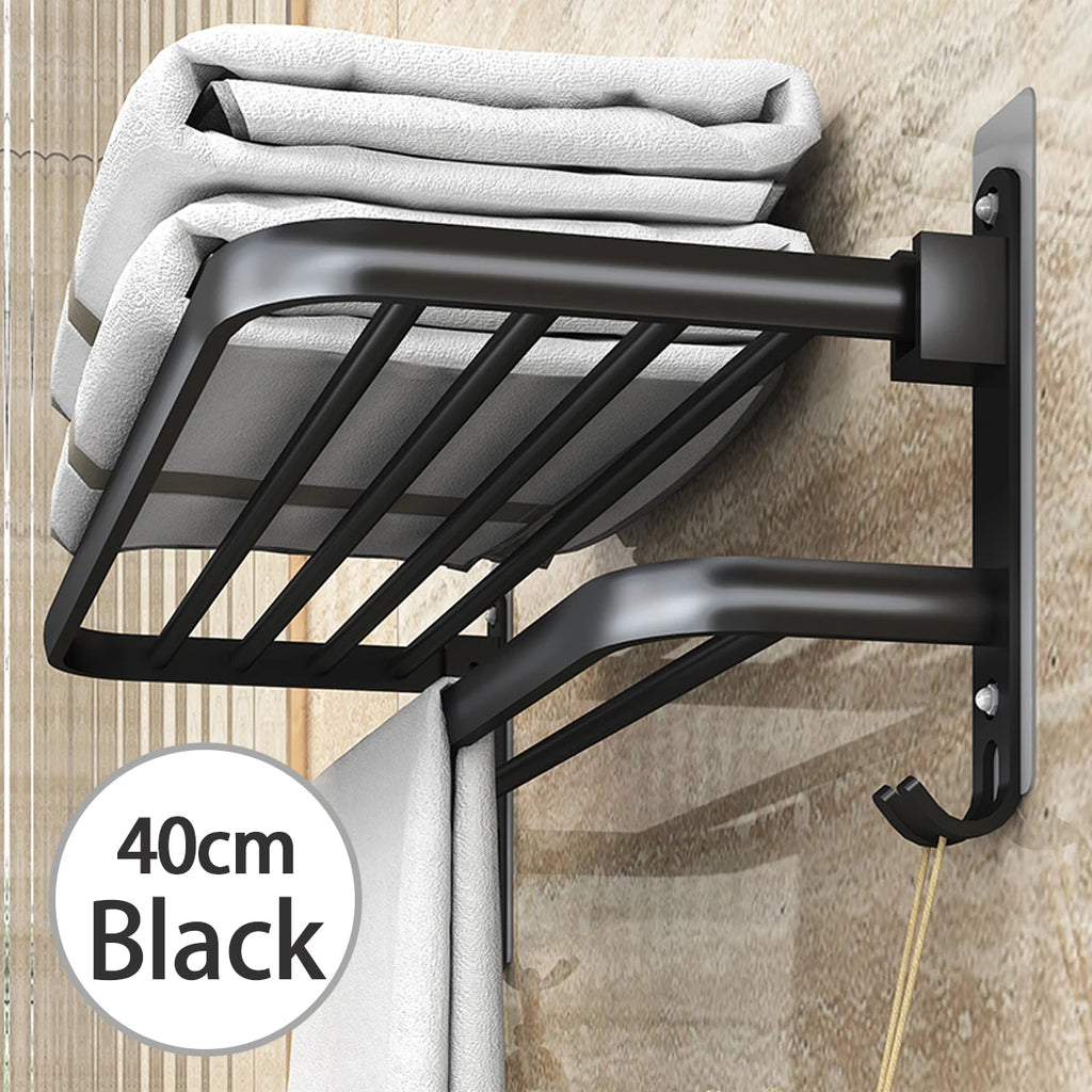 Bathroom Lavatory Towel Rack with Double Towel Bars & with HOOKS,19-inch Towel Shelf with Towel Bar,Towel Holder (Black、Gray)