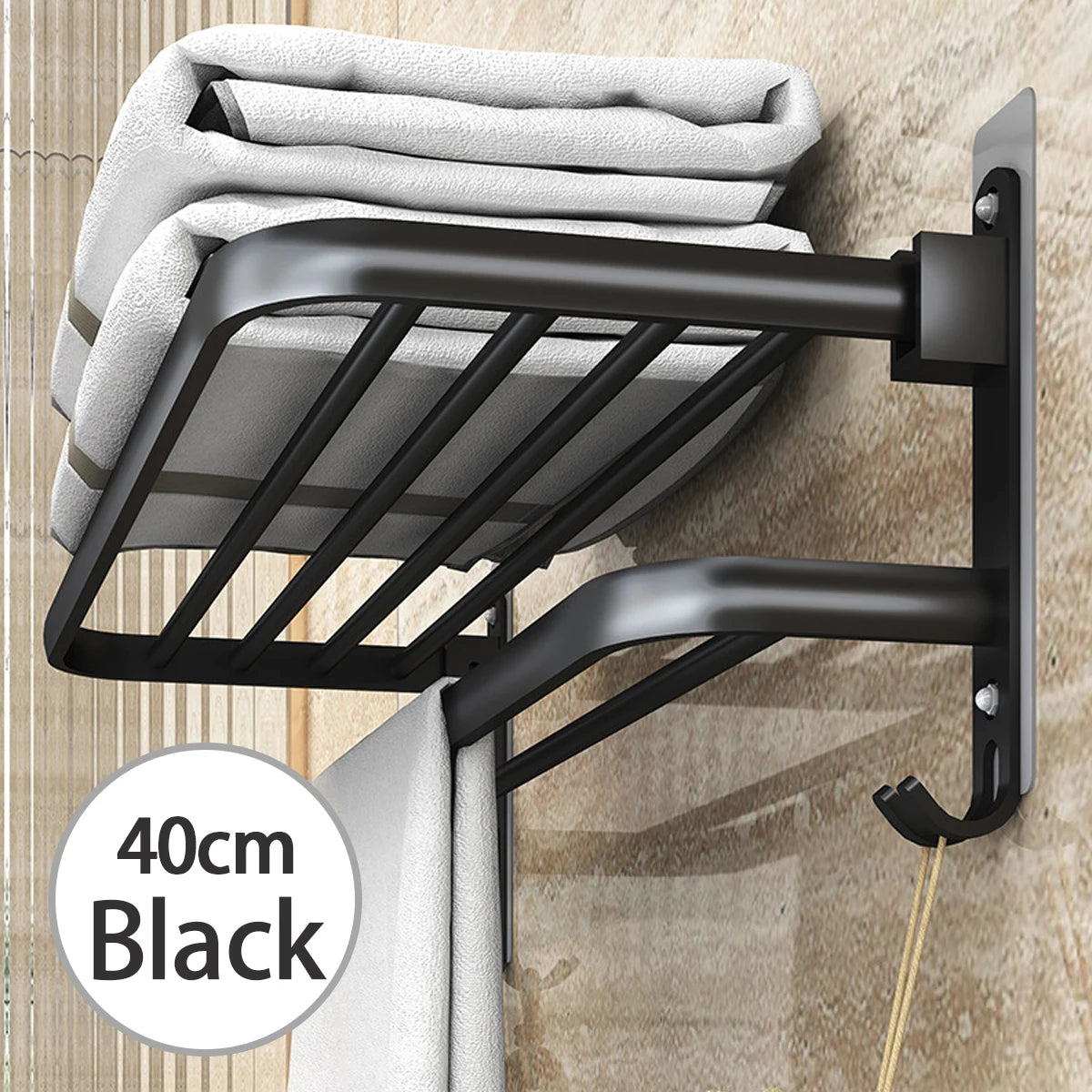 Bathroom Lavatory Towel Rack with Double Towel Bars & with HOOKS,19-inch Towel Shelf with Towel Bar,Towel Holder (Black、Gray)