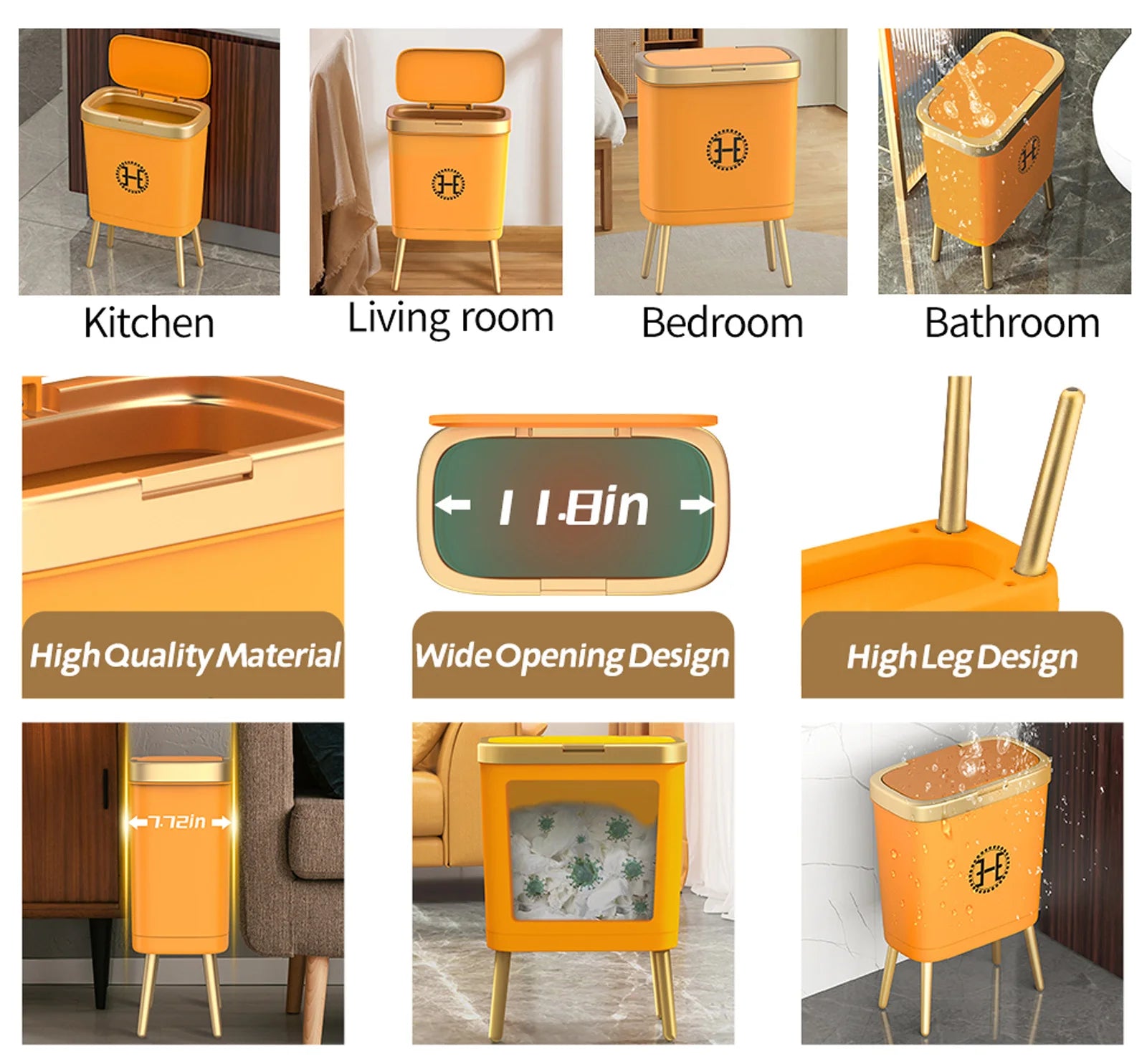 Bedroom Trash Can with Lid,Slim Bathroom Cans Lids, Dog Proof Press Top Lid,Modern Gold Plastic Waste Basket for Office,Kitchen