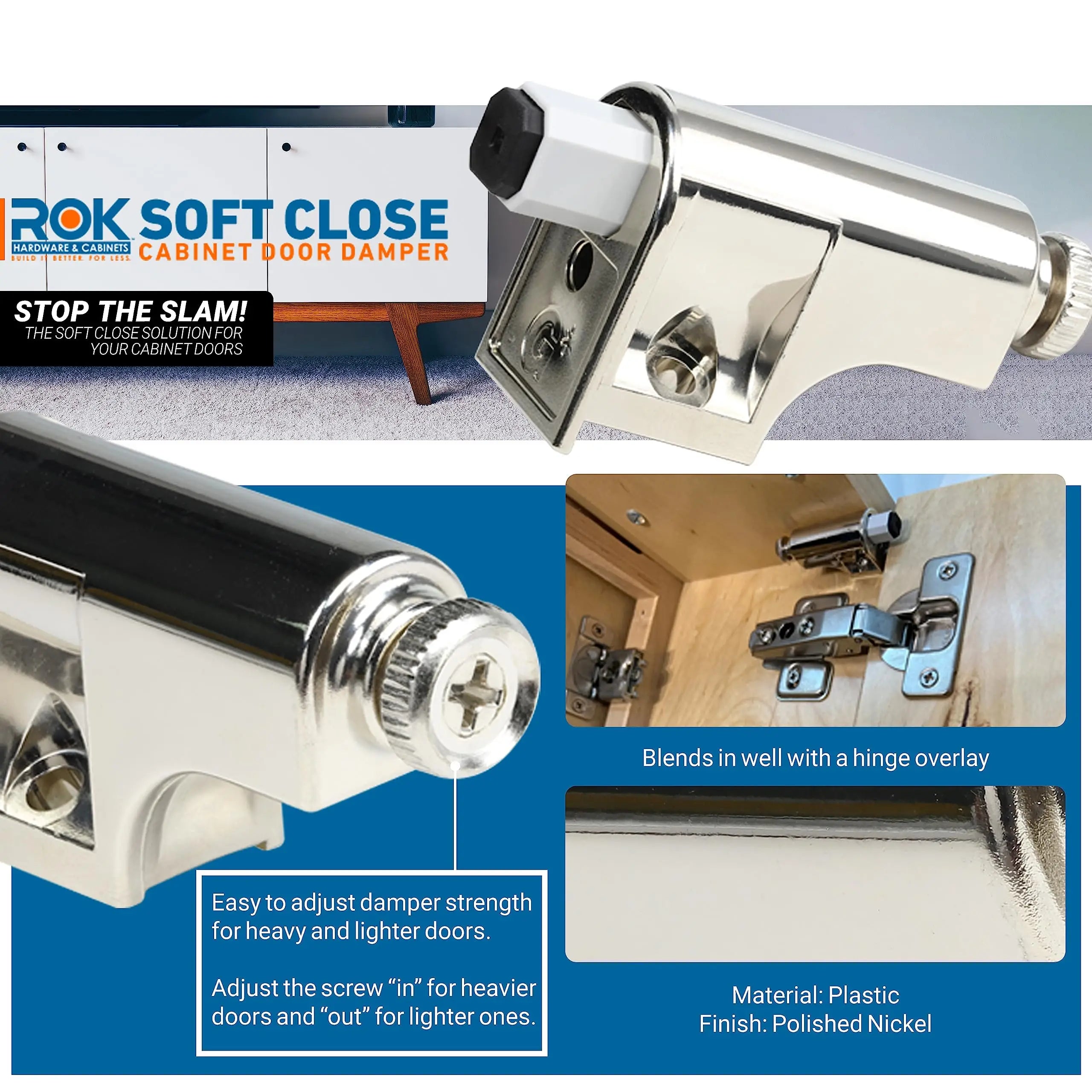 Hardware Soft Close Damper for Cabinet Doors Compact SoftClose Cabinet Adapter Hardware Hinge Polished Nickel SCD103