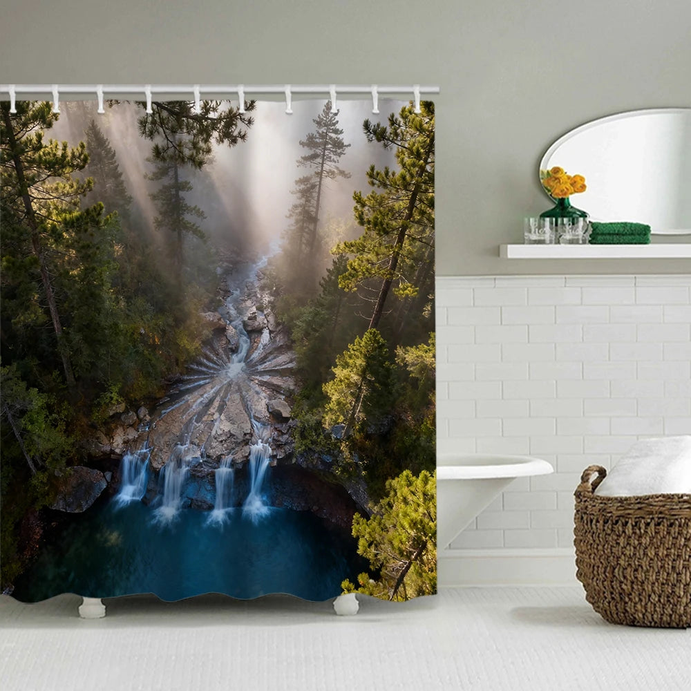 1/4 Forest Waterfalls  print shower Curtains, Toilet Seat Decoration, Shower Curtain with Carpet and Toilet Lid, 70.8x70.8 inch