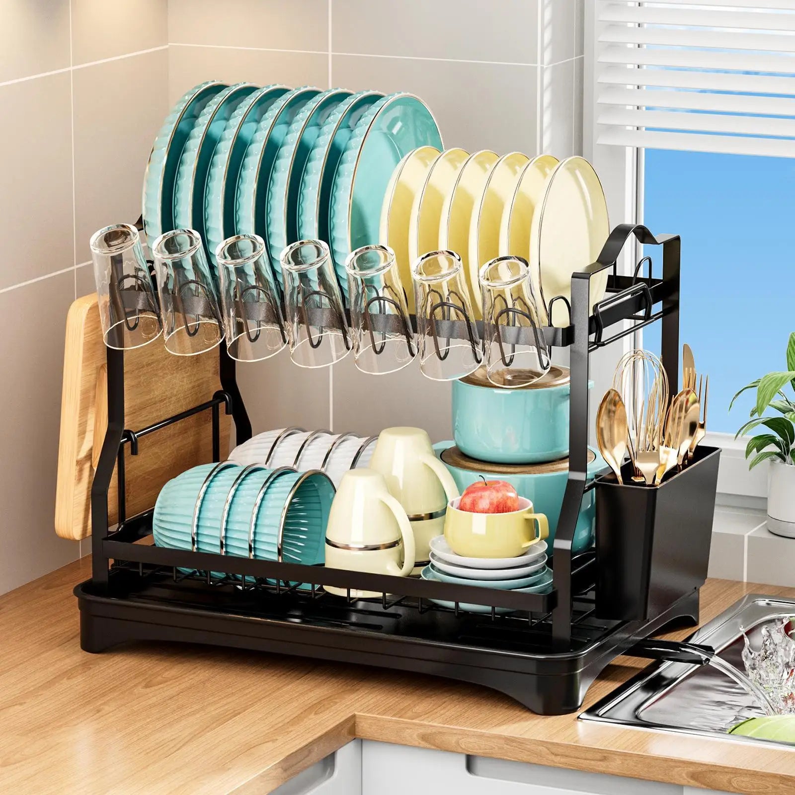 2 Tier Dish Drying Rack Storage Cutting Board Holder Large Capacity Dish Drainer Organizer Plate Drainer Rack for Cutlery Bowls