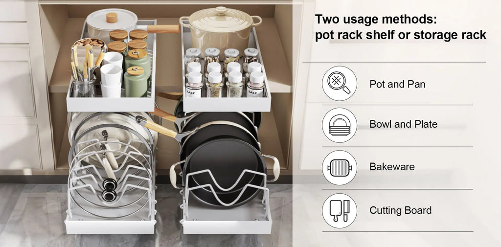 Hot-selling multifunctional kitchen pull-out cookware/frying pan sliding lid rack, spice rack, and bowl and plate drawer storage