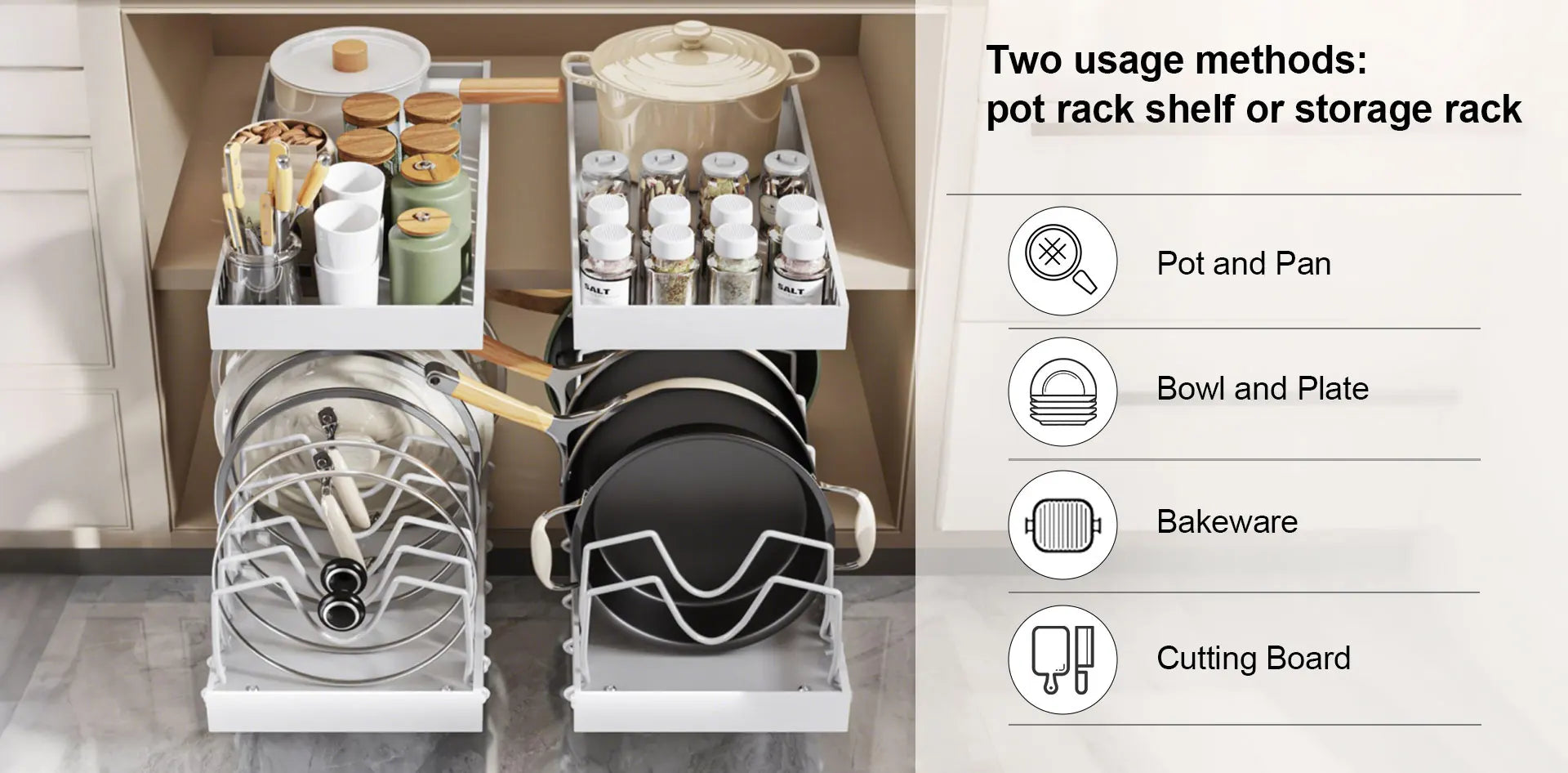 Hot-selling multifunctional kitchen pull-out cookware/frying pan sliding lid rack, spice rack, and bowl and plate drawer storage