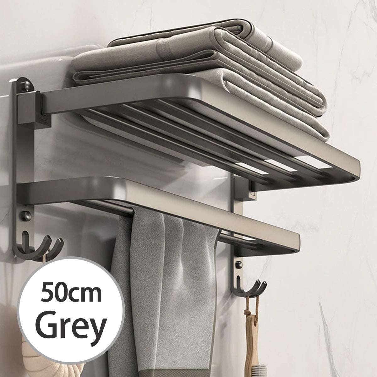 Bathroom Lavatory Towel Rack with Double Towel Bars & with HOOKS,19-inch Towel Shelf with Towel Bar,Towel Holder (Black、Gray)