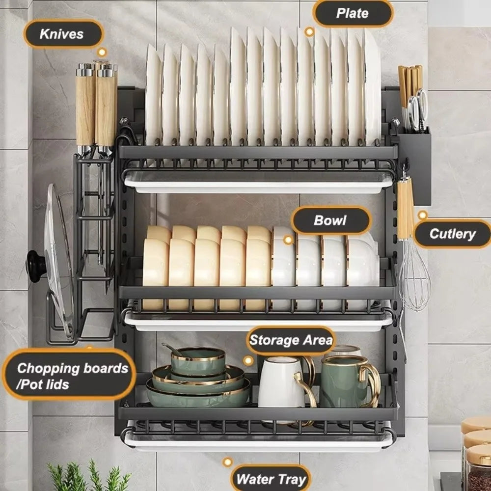 Wall Mounted Dish Drying Rack 2 Layer Rust-Proof Kitchen Storage Rack Compact Large Capacity Drain Tray Household