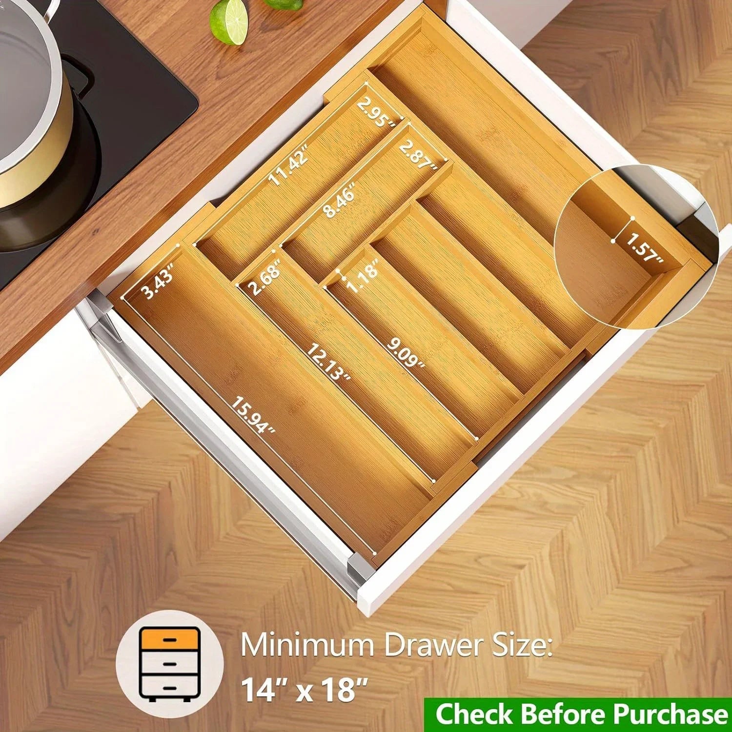 Adjustable Expandable Bamboo Drawer Organizer for Kitchen,Bedroom or Living Room-Ideal for Organizing Cutlery,Silverware& Knives