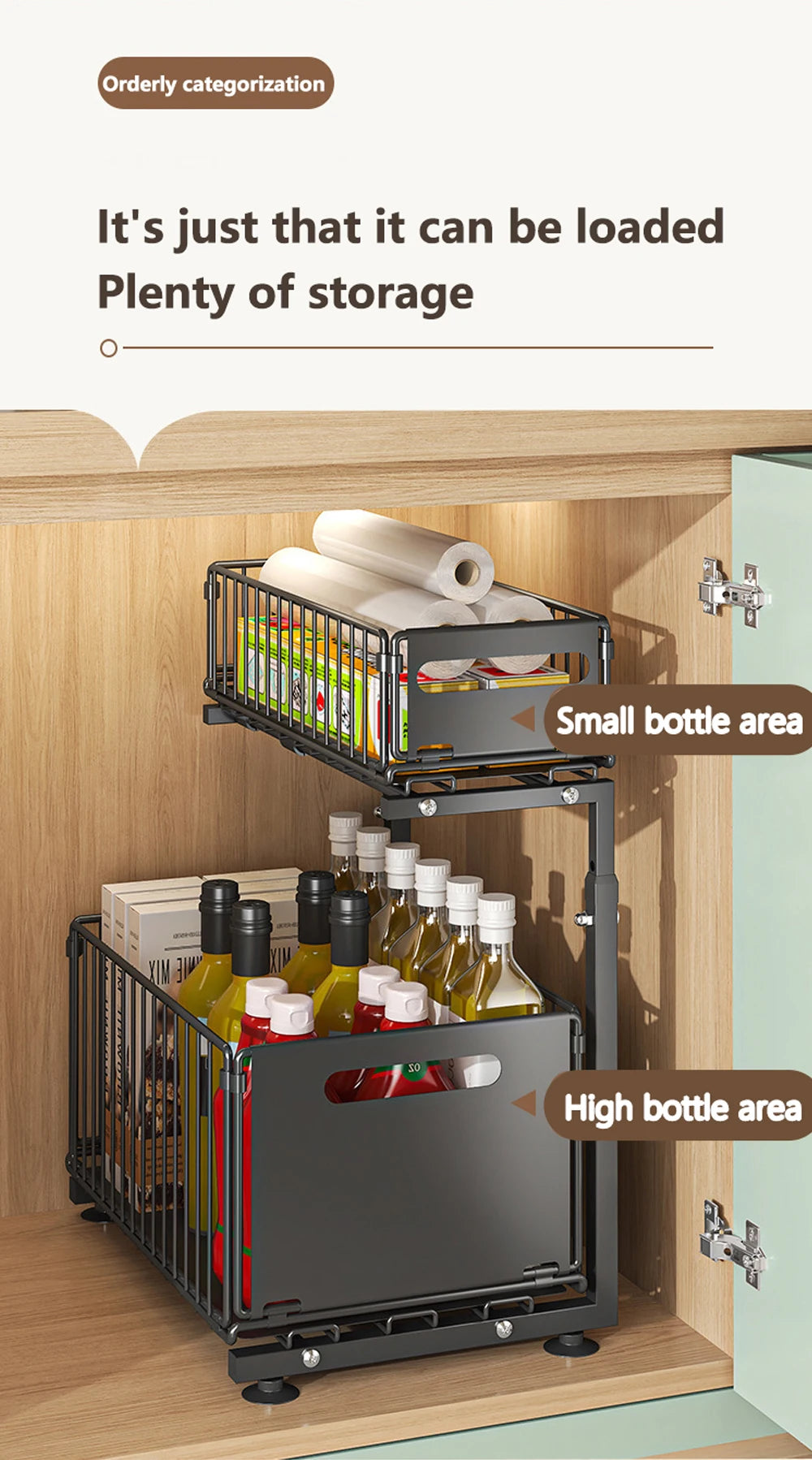 2 Tier Under Sink Organizer Adjustable Pull Out Cabinet Organizer Slide Out Kitchen Storage Racks Thickened Metal Sliding Drawer
