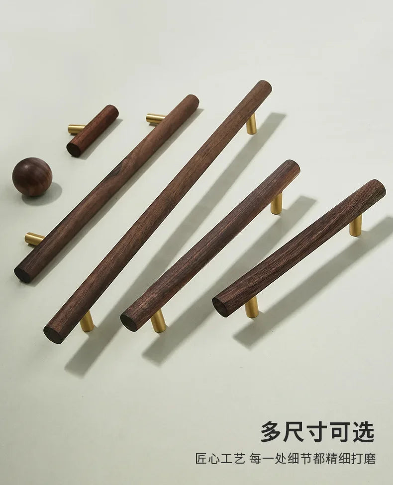 Walnut and Brass Furniture Handles Modern Simple Style Wood Cabinet Knobs and Handles Anti-cracking and Anti-oxidation