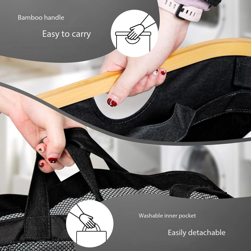 Dirty clothes basket bamboo basket bedroom with inner pocket with lid foldable  clothes storage basket with classification label