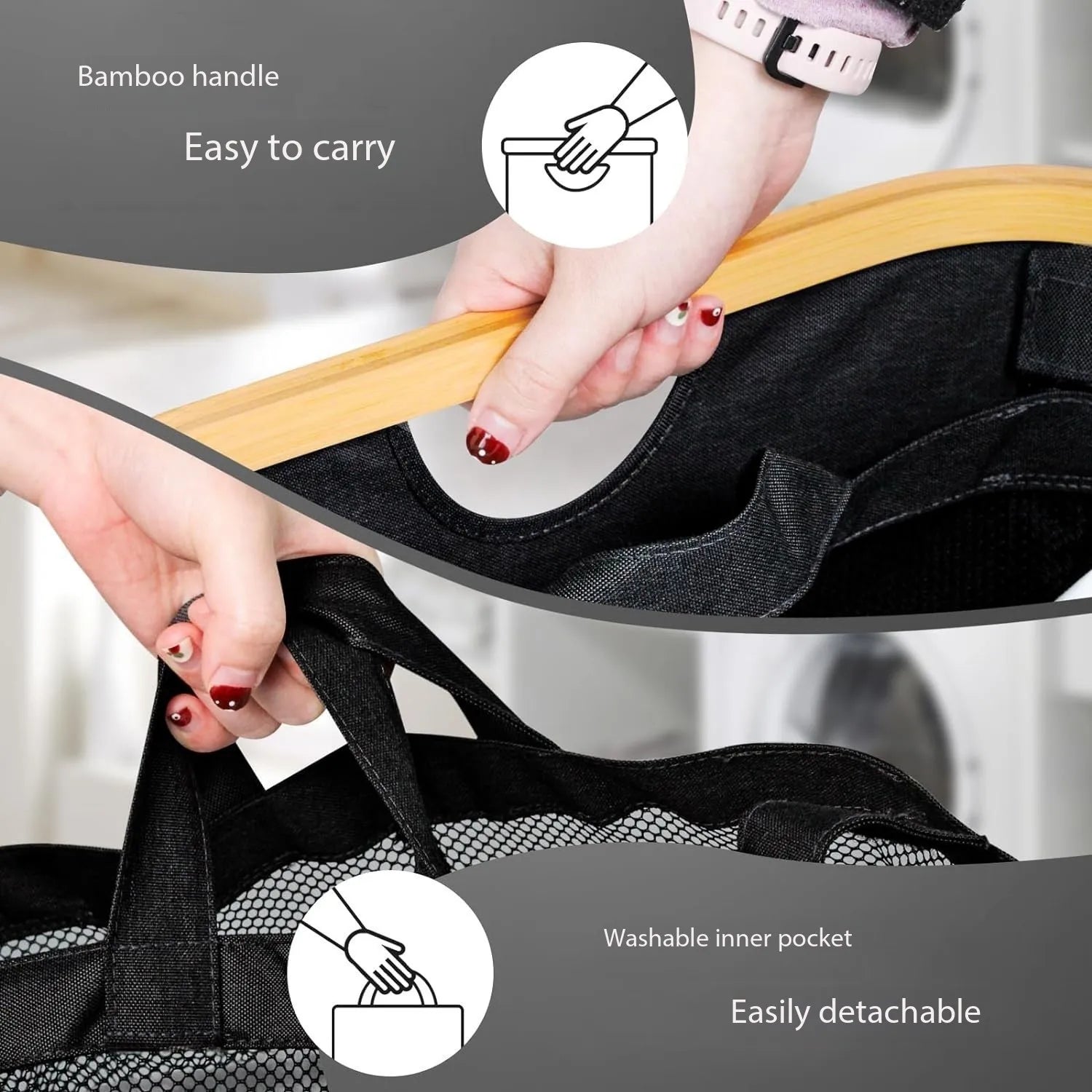 Dirty clothes basket bamboo basket bedroom with inner pocket with lid foldable  clothes storage basket with classification label