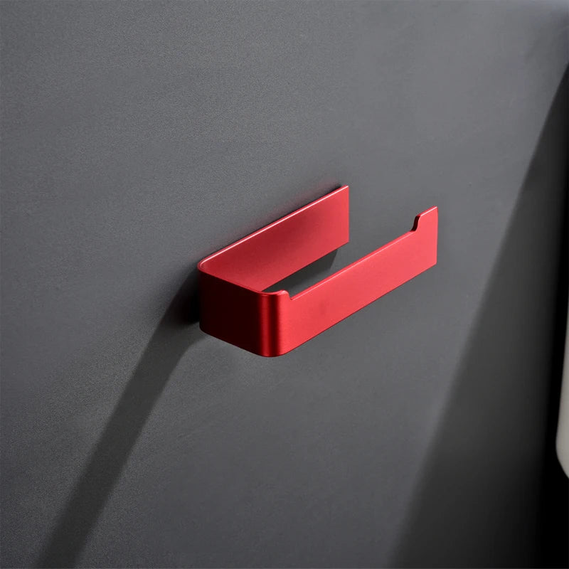 Aluminum Bathroom Accessories Sets 3M Tape Toilet Brush Holder Ceramic Toilet Roll Paper Holder Red Robe Hook Towel Holder