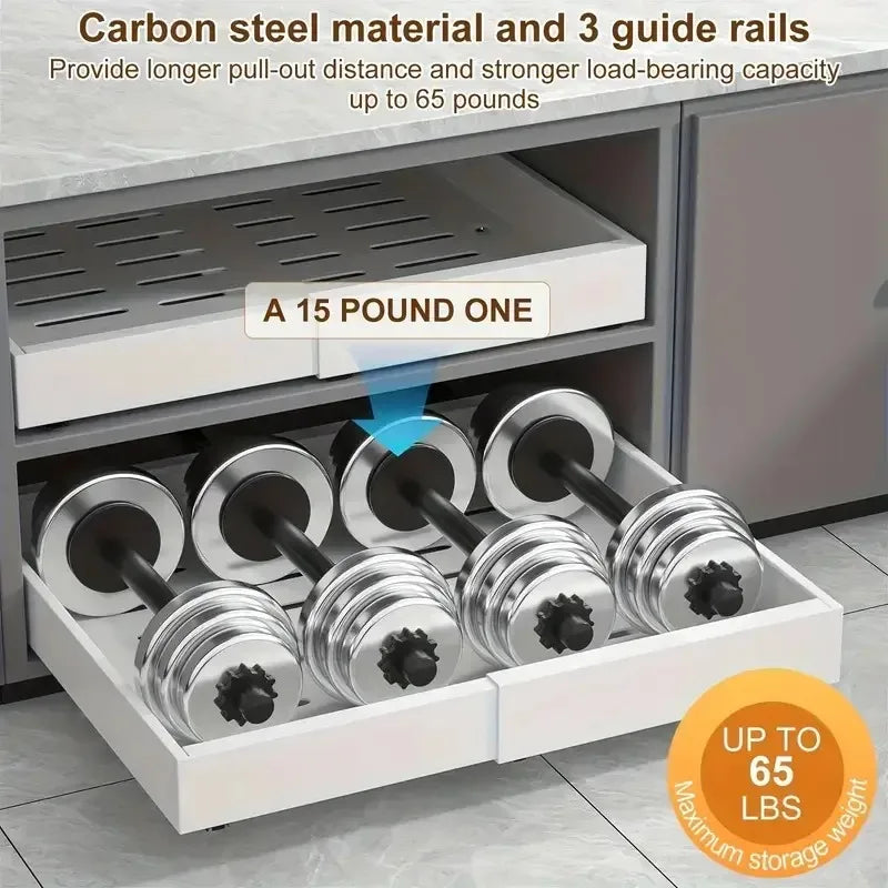 Pull-out Cabinet Storage Rack with 3 Silent Slide Rails, No Drilling Required, Suitable for Kitchen Spice Tableware Organization