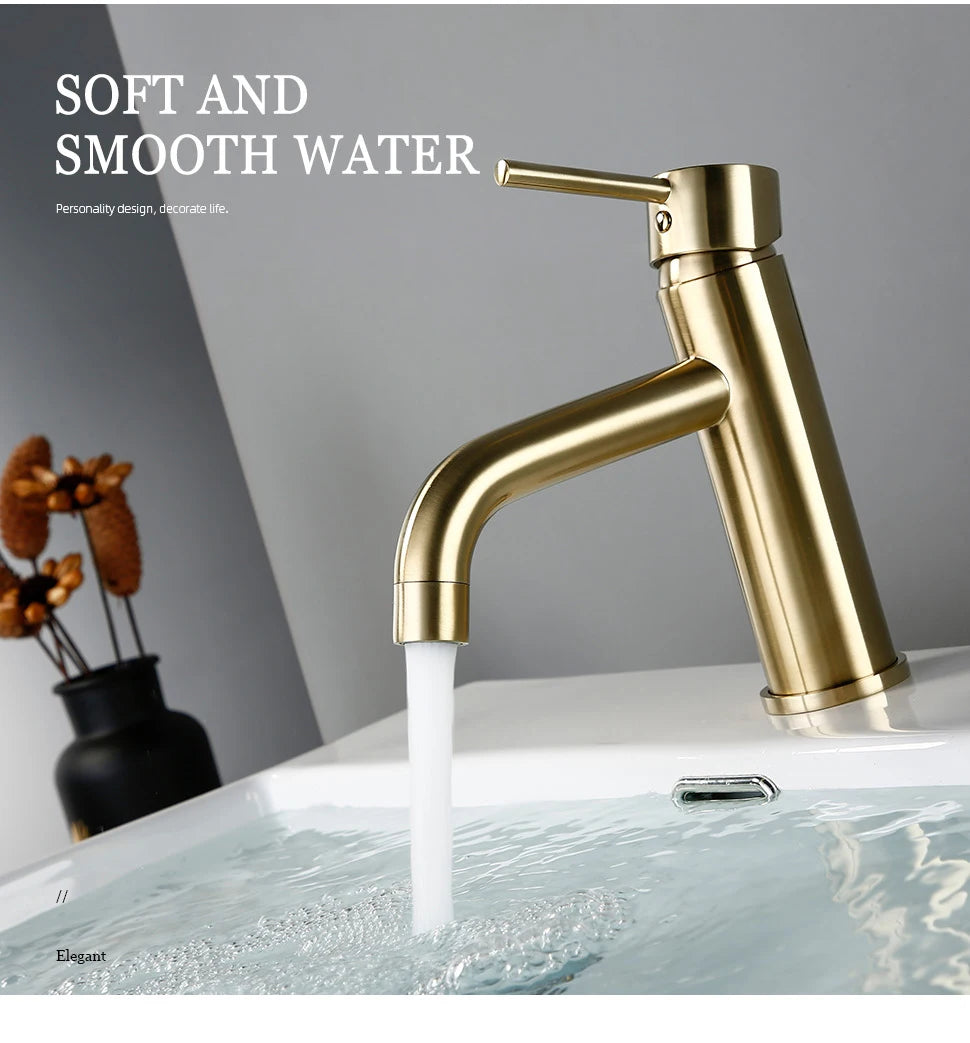 Brushed Gold Basin Faucet Solid Brass Hot And Cold Water Basin Mixer Sink Tap Deck Mounted Bathroom Taps