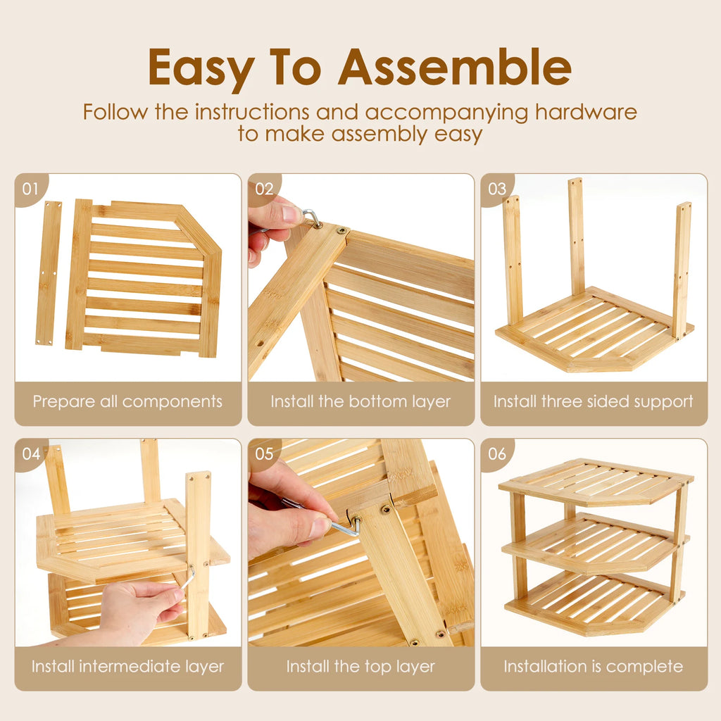 3 Tier Cabinet Organizer Shelf for Kitchen Storage Sturdy Plate Organizer Bamboo Corner Shelf Dish Rack for Cabinet Countertop