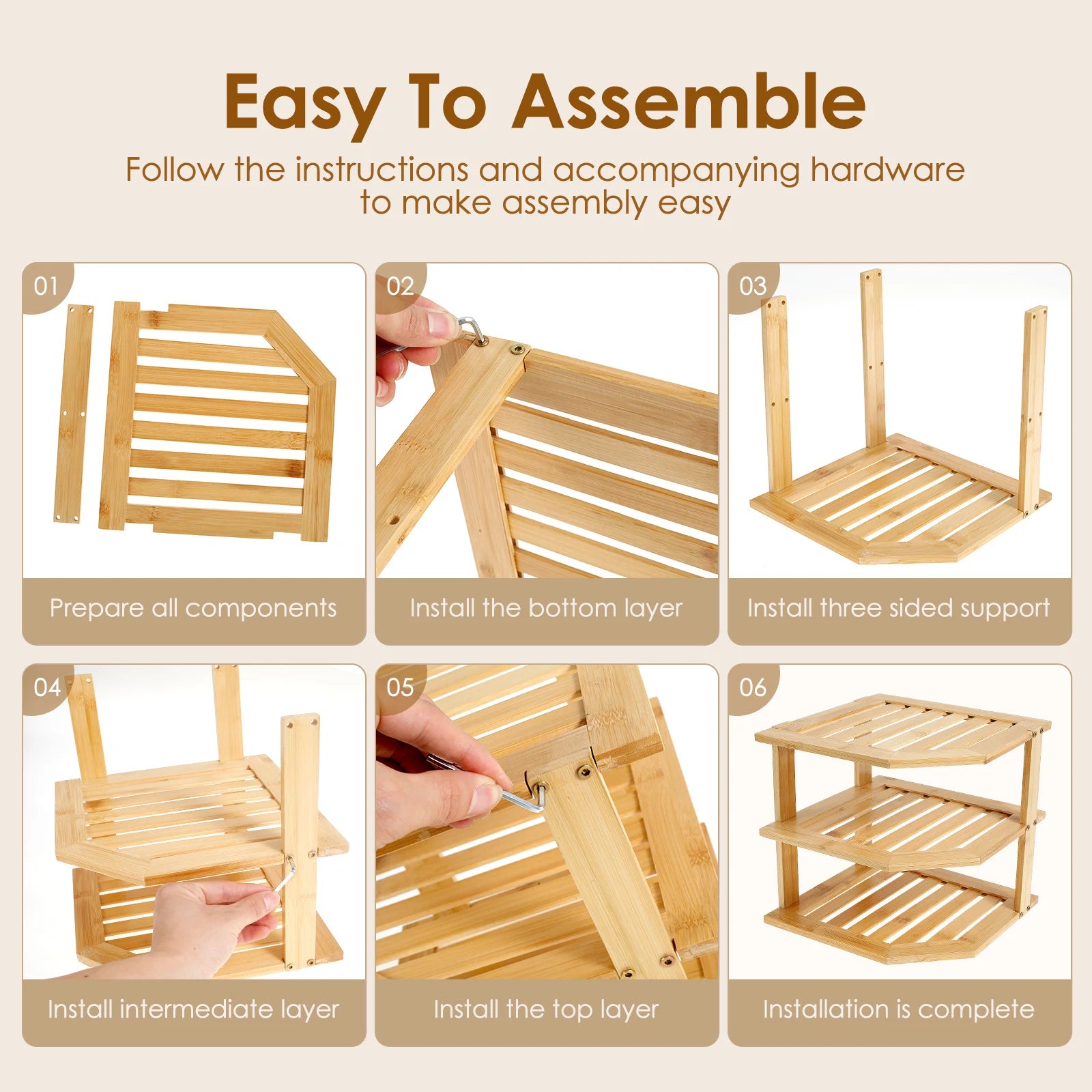3 Tier Cabinet Organizer Shelf for Kitchen Storage Sturdy Plate Organizer Bamboo Corner Shelf Dish Rack for Cabinet Countertop
