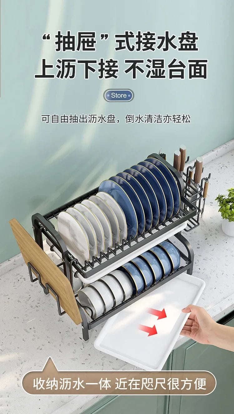 Stainless Steel 2-Tier Dish Drying Rack for Kitchen Countertop, Space Saving Plate Utensil Organizer Dish Drainer Rack